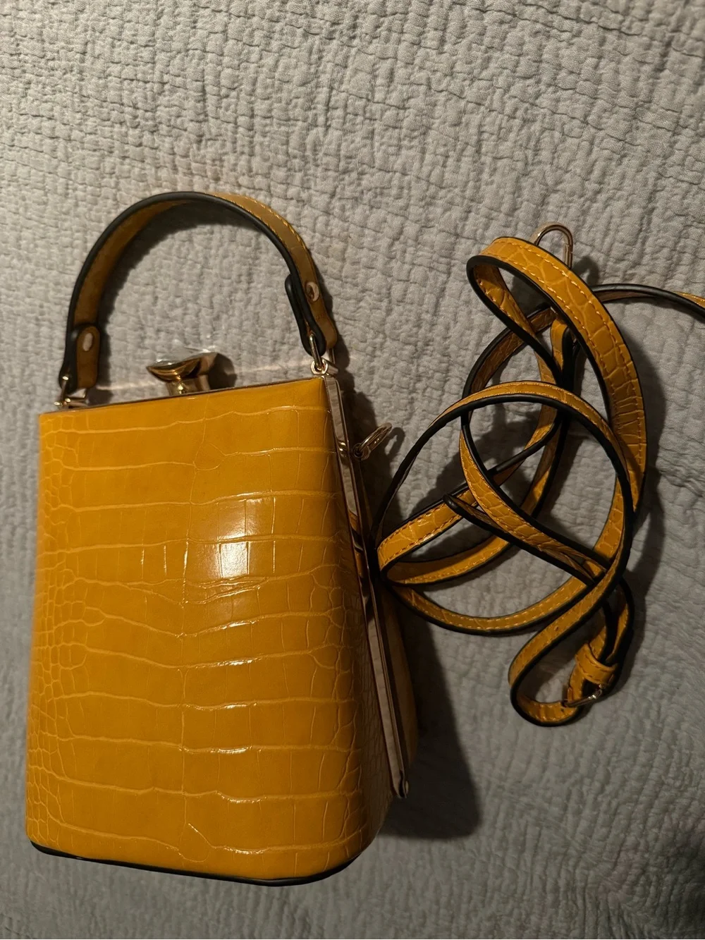 Mustard Yellow Croc-Embossed Box Bag with Top Handle
